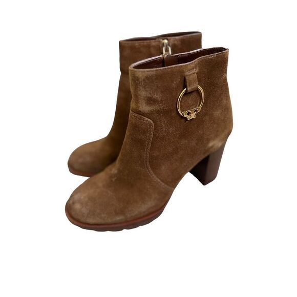 Tory Burch Sofia Lug Sole Booties Women's Nat Suede Festival Brown Size 8